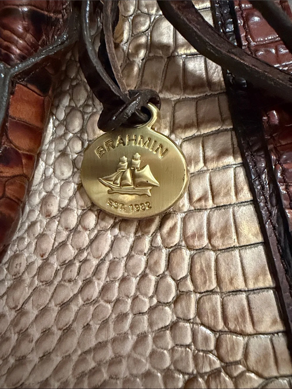 Brahmin Two-Tone Croc-Embossed Satchel in Chestnut Brown and Cream
